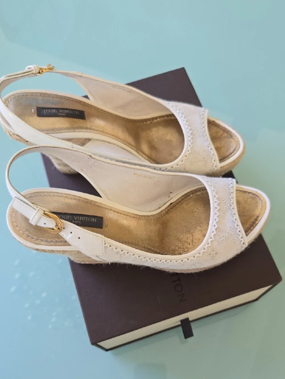 Louis Vuitton Cream Lace Slingback Espadrille Wedges with Gold Insole